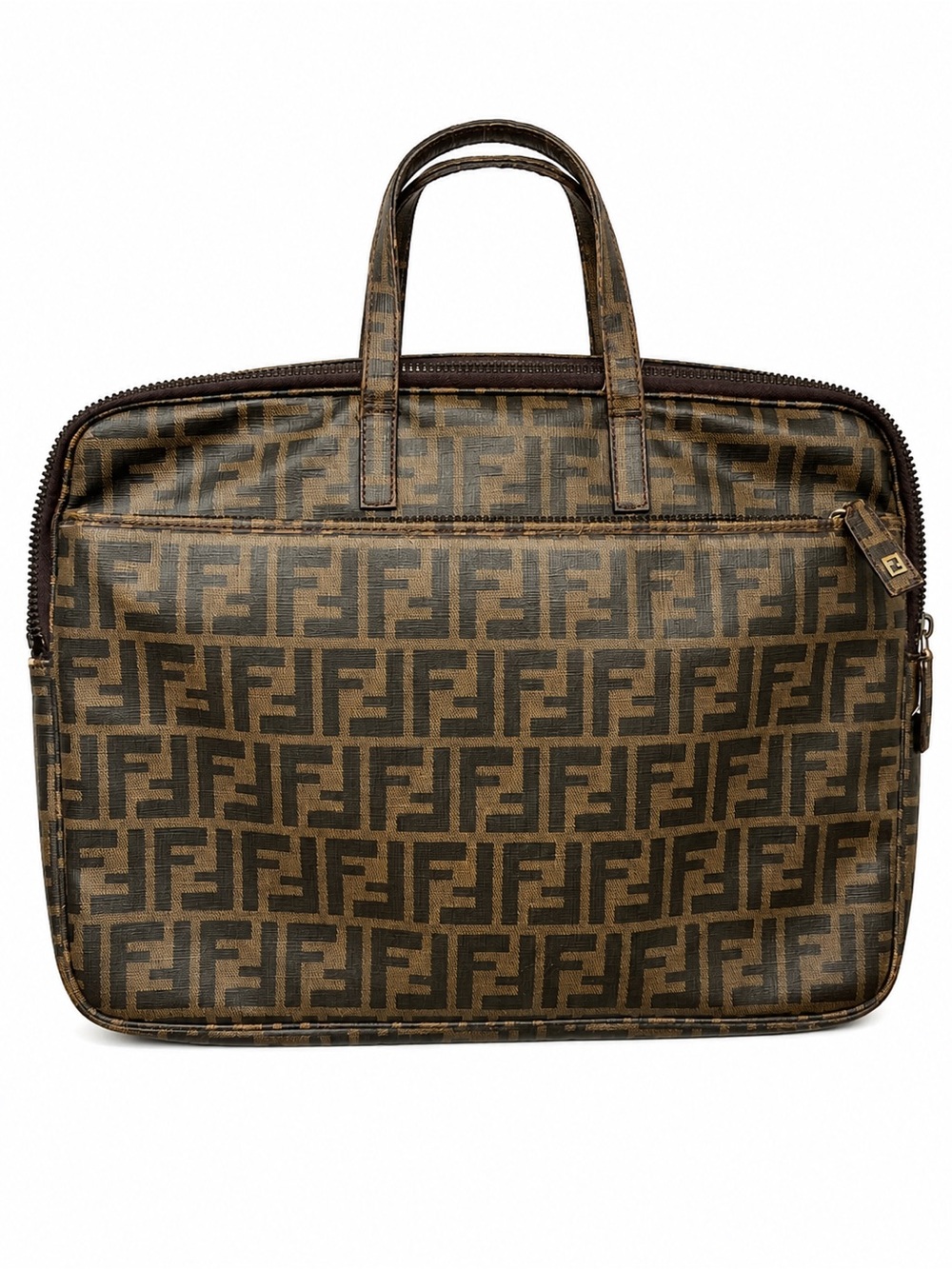 Fendi Vintage Zucca FF Monogram Laptop Work Bag Briefcase Brown Coated Canvas